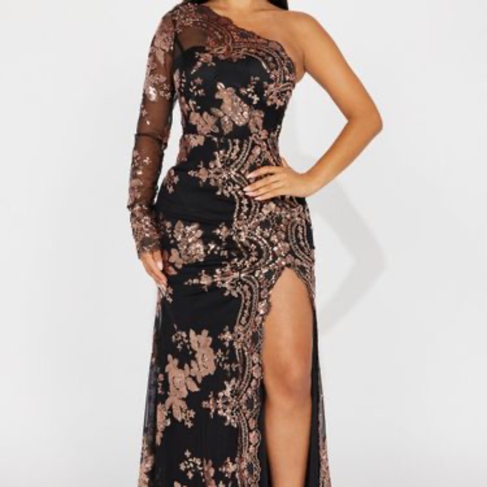 All Nighter Long Sleeve Sequin Gown - Black/Rose Gold - 2X